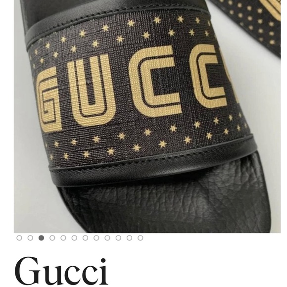 GUCCI “GUCCY” SUPREME CANVAS BLACK WITH SHIMMERING GOLD GLITTER STARS SLIDES - Picture 3 of 16